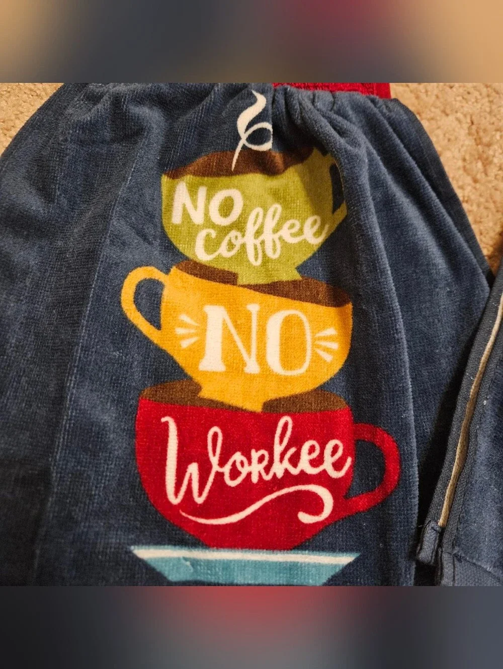 2 Handcrafted Potholders Attached To Towels | Blue + Red | Coffee
